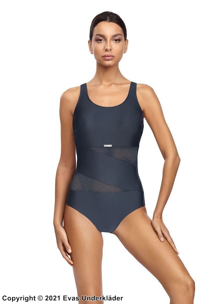 One-piece swimsuit, wide shoulder straps, molded cups, openwork mesh